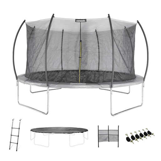 490cm trampolim com rede interior e pacote de acessórios, Jupiter Inner, Cinza, 487x487x90 cm