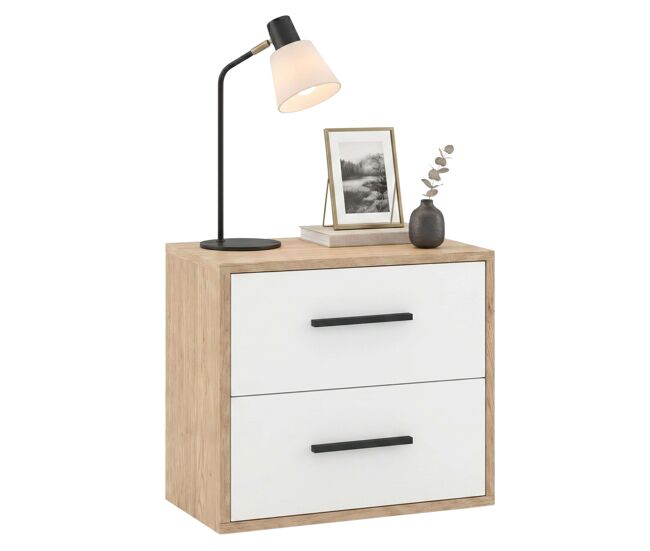 Mesita de Noche Rosi Dormitorio 2 cajones tiradores negros melamina Roble Cambrian y Blanco Mate 40x42x28 cm
