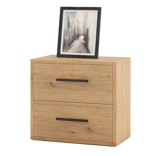 Mesa de cabeceira Rosi para quarto, 2 gavetas, puxadores pretos, carvalho cambriano e melamina branca fosca, 40x42x28 cm Mesa de cabeceira Rosi para quarto, 2 gavetas, puxadores pretos, carvalho cambriano e melamina branca fosca, 40x42x28 cm