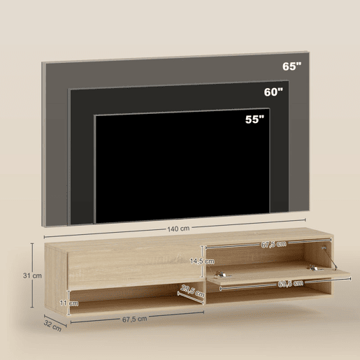 HOMCOM Móvel de TV de Parede Móvel de TV para Sala de Estar com 2 Compartimentos e 2 Armários com Portas Móvel para Televisores de 60 Polegadas 140x32x31 cm Madeira