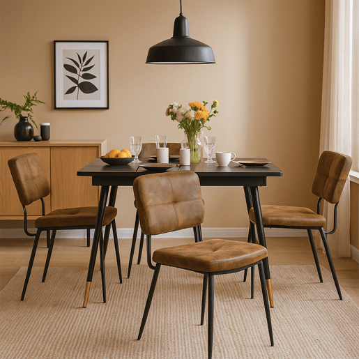Conjunto De Mesa Extensível Preta Com 4 Cadeiras Acolchoadas Em Couro Sintético Vintage, Estrutura Metálica Resistente, Perfeito Para Sala De Jantar Moderna E Cozinha Familiar