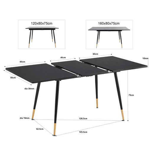 Conjunto De Mesa Extensível Preta Com 4 Cadeiras Acolchoadas Em Couro Sintético Vintage, Estrutura Metálica Resistente, Perfeito Para Sala De Jantar Moderna E Cozinha Familiar