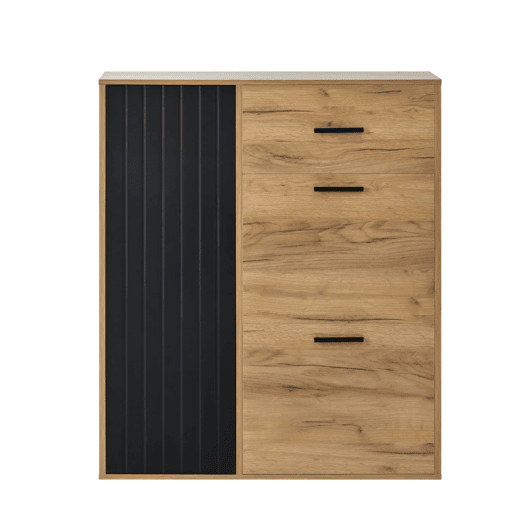 Sapateira moderna 80x24x95,5 cm - com 1 gaveta, 2 sapateiras rebatíveis, 1 porta, preta e natural