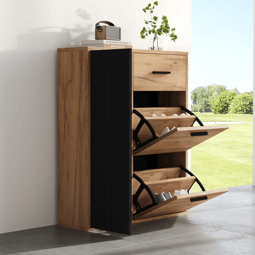Sapateira moderna 80x24x95,5 cm - com 1 gaveta, 2 sapateiras rebatíveis, 1 porta, preta e natural