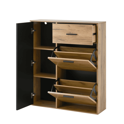 Sapateira moderna 80x24x95,5 cm - com 1 gaveta, 2 sapateiras rebatíveis, 1 porta, preta e natural