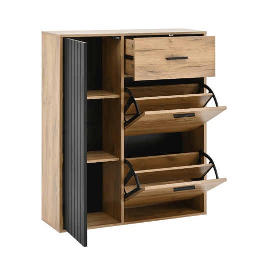 Sapateira moderna 80x24x95,5 cm - com 1 gaveta, 2 sapateiras rebatíveis, 1 porta, preta e natural