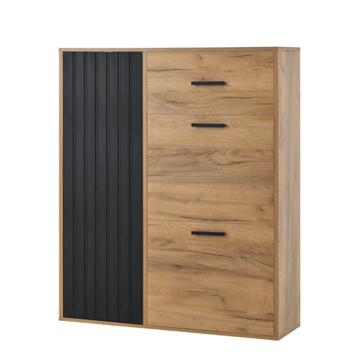 Sapateira moderna 80x24x95,5 cm - com 1 gaveta, 2 sapateiras rebatíveis, 1 porta, preta e natural