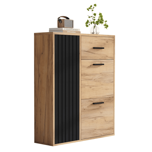 Sapateira moderna 80x24x95,5 cm - com 1 gaveta, 2 sapateiras rebatíveis, 1 porta, preta e natural