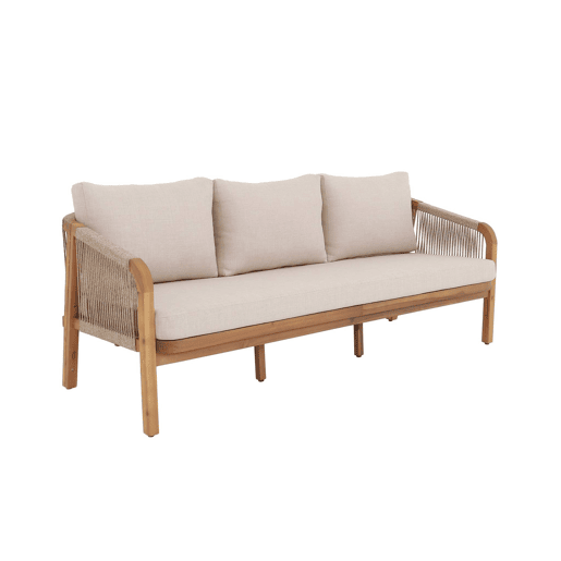 Sofá de exterior em madeira de acácia, cordas e tecido, 3 lugares, Parana, Beige, 188x78.5x68.5 cm Sofá de exterior em madeira de acácia, cordas e tecido, 3 lugares, Parana, Beige, 188x78.5x68.5 cm