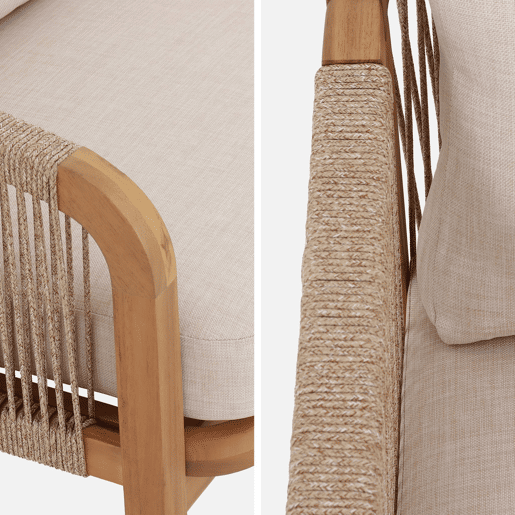 Sofá de exterior em madeira de acácia, cordas e tecido, 3 lugares, Parana, Beige, 188x78.5x68.5 cm Sofá de exterior em madeira de acácia, cordas e tecido, 3 lugares, Parana, Beige, 188x78.5x68.5 cm