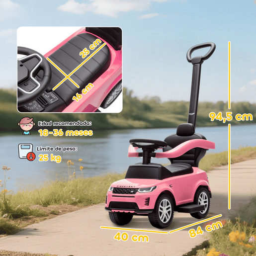 AIYAPLAY Carro Andador 2 em 1 para Crianças de 18-36 Meses Carro Andador Land Rover Discovery com Espaço de Armazenamento Buzina Volante Pega de Empurrar e Barra Removíveis 84x40x94,5 cm Rosa