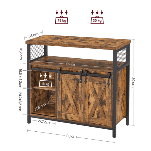 Aparador para sala de jantar armário de cozinha armário de armazenamento portas de celeiro deslizantes prateleira ajustável estilo industrial para sala de estar 100 x 33 x 80 cm marrom rústico e preto 12_0004529