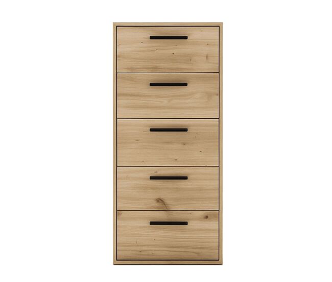 Sinfonier, Mueble Almacenaje Dormitorio Rosi 5 cajones, tiradores color negro Roble Cambrian y Blanco Mate 40x99x35 cm