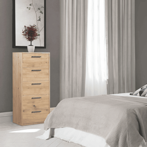Cômoda Rosi com 5 gavetas para quarto, puxadores pretos, carvalho Cambriano e branco fosco, 40x99x35 cm