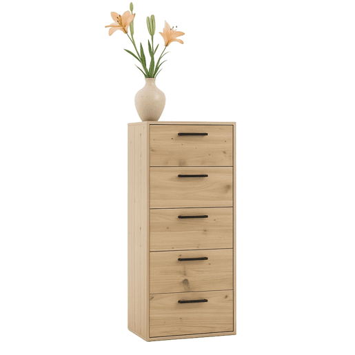 Cômoda Rosi com 5 gavetas para quarto, puxadores pretos, carvalho Cambriano e branco fosco, 40x99x35 cm