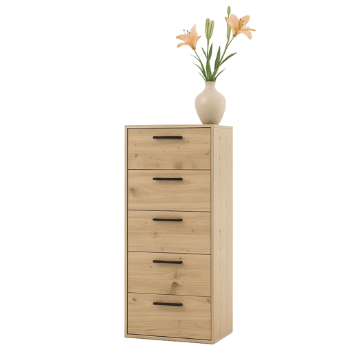 Cômoda Rosi com 5 gavetas para quarto, puxadores pretos, carvalho Cambriano e branco fosco, 40x99x35 cm