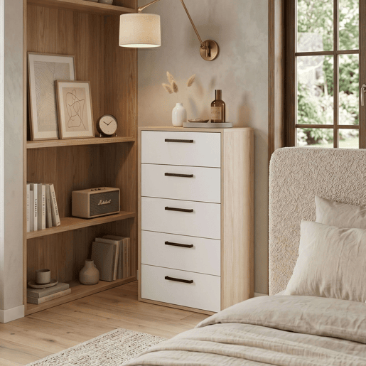 Cômoda Rosi com 5 gavetas para quarto, puxadores pretos, carvalho Cambriano e branco fosco, 40x99x35 cm