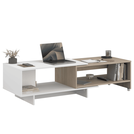 Mesa de centro Lugo para sala de estarjantar, mesa extensível, branca e carvalho japonês, 110-149 x 40 x 50 cm