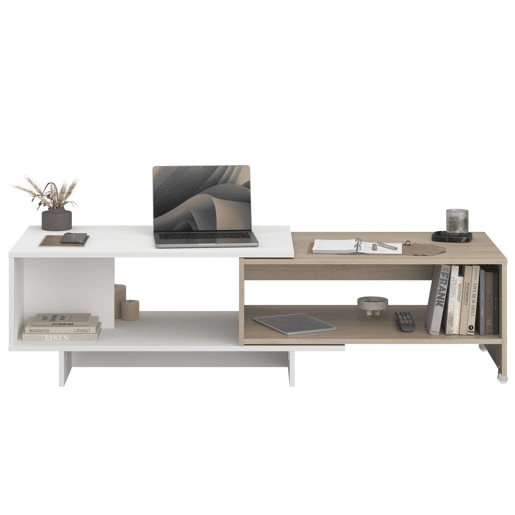 Mesa de centro Lugo para sala de estarjantar, mesa extensível, branca e carvalho japonês, 110-149 x 40 x 50 cm