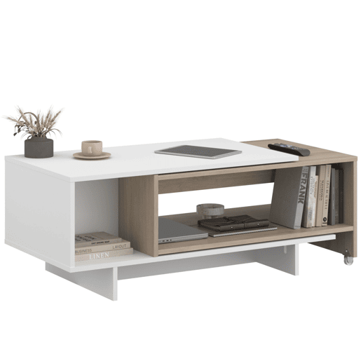 Mesa de centro Lugo para sala de estarjantar, mesa extensível, branca e carvalho japonês, 110-149 x 40 x 50 cm