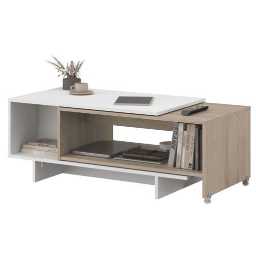 Mesa de centro Lugo para sala de estarjantar, mesa extensível, branca e carvalho japonês, 110-149 x 40 x 50 cm