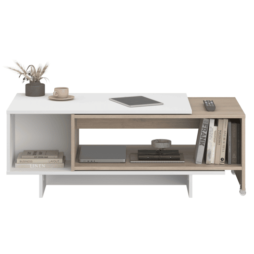 Mesa de centro Lugo para sala de estarjantar, mesa extensível, branca e carvalho japonês, 110-149 x 40 x 50 cm