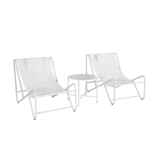 Conjunto de 2 poltronas reclináveis com mesa redonda em aço, Salina, Beige, 101x76x66 cm