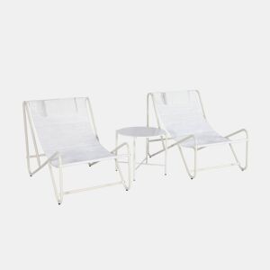 Conjunto de 2 poltronas reclináveis com mesa redonda em aço, Salina, Beige, 101x76x66 cm