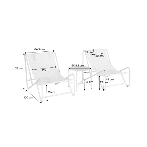 Conjunto de 2 poltronas reclináveis com mesa redonda em aço, Salina, Beige, 101x76x66 cm