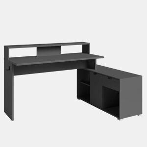 Mesa Gamer Playit, Mesa Gamer de Melamina com LED, Múltiplas Posições, 1 Gaveta, Gancho para Fone de Ouvido, Cor Cinza Escuro, 134-168x95x60 cm