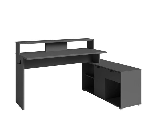 Escritorio gaming playit, mesa gamer led de melamina multiposición, 1 cajón, gancho auriculares, color gris sombra 134-168x95x60 cm