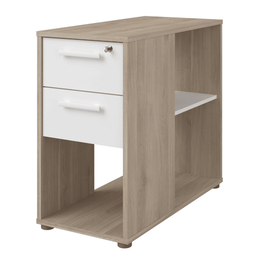 Gaveteiro para escritório, gaveteiro para mesa, Veltis com 2 gavetas, carvalho japonês e fechadura branca, 39,4 x 73 x 80 cm