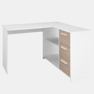Escrivaninha de canto Finit com 3 gavetas, mesa de estudo, escrivaninha em formato de L em branco e carvalho da Jackson, 121x75x111 cm