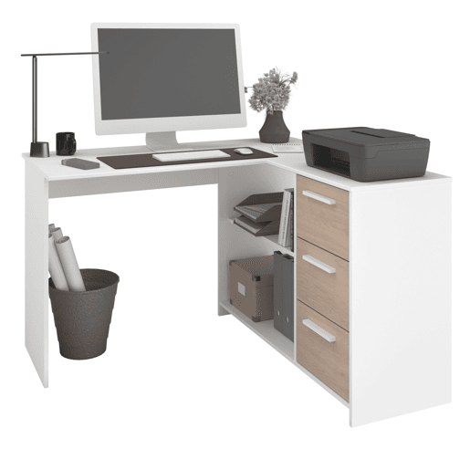 Escrivaninha de canto Finit com 3 gavetas, mesa de estudo, escrivaninha em formato de L em branco e carvalho da Jackson, 121x75x111 cm