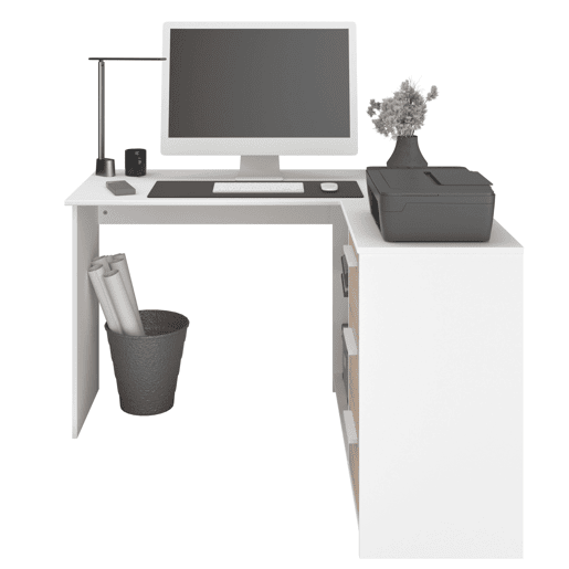 Escrivaninha de canto Finit com 3 gavetas, mesa de estudo, escrivaninha em formato de L em branco e carvalho da Jackson, 121x75x111 cm