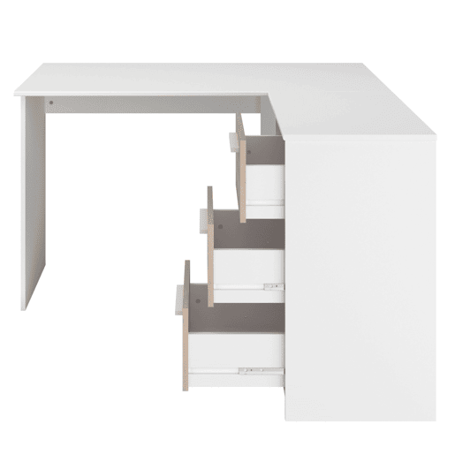 Escrivaninha de canto Finit com 3 gavetas, mesa de estudo, escrivaninha em formato de L em branco e carvalho da Jackson, 121x75x111 cm