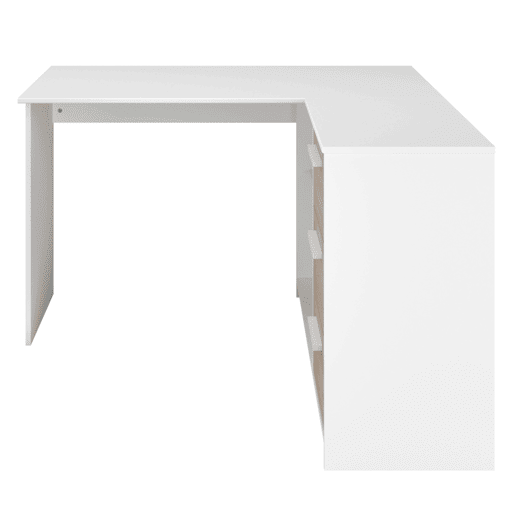 Escrivaninha de canto Finit com 3 gavetas, mesa de estudo, escrivaninha em formato de L em branco e carvalho da Jackson, 121x75x111 cm