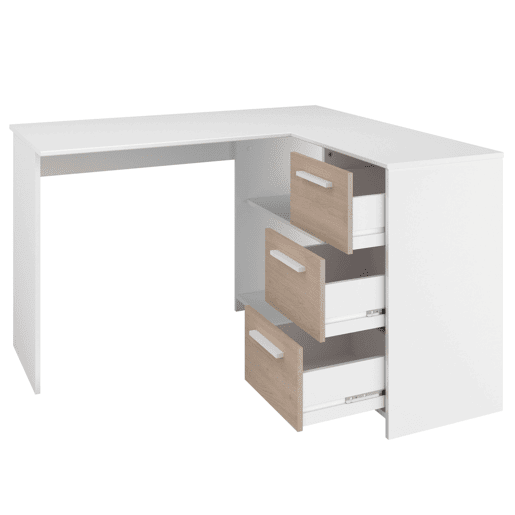 Escrivaninha de canto Finit com 3 gavetas, mesa de estudo, escrivaninha em formato de L em branco e carvalho da Jackson, 121x75x111 cm