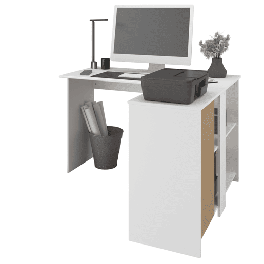 Escrivaninha de canto Finit com 3 gavetas, mesa de estudo, escrivaninha em formato de L em branco e carvalho da Jackson, 121x75x111 cm