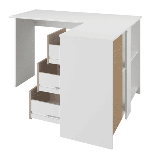 Escrivaninha de canto Finit com 3 gavetas, mesa de estudo, escrivaninha em formato de L em branco e carvalho da Jackson, 121x75x111 cm
