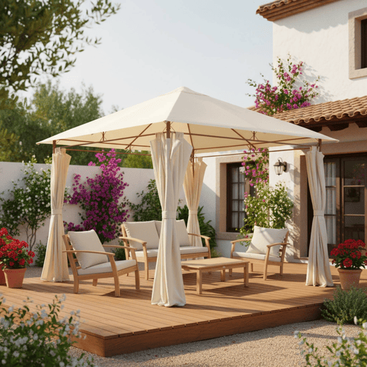Pérgola de 3x3m com cortinas, Elusa, Cru, 299x299x262 cm