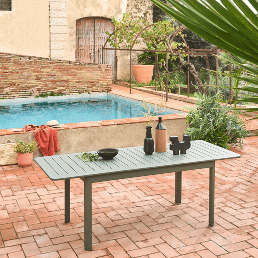 Mesa de jardim extensível em alumínio, 6 lugares, Seattle, Verde caqui, 218.5x89x75 cm