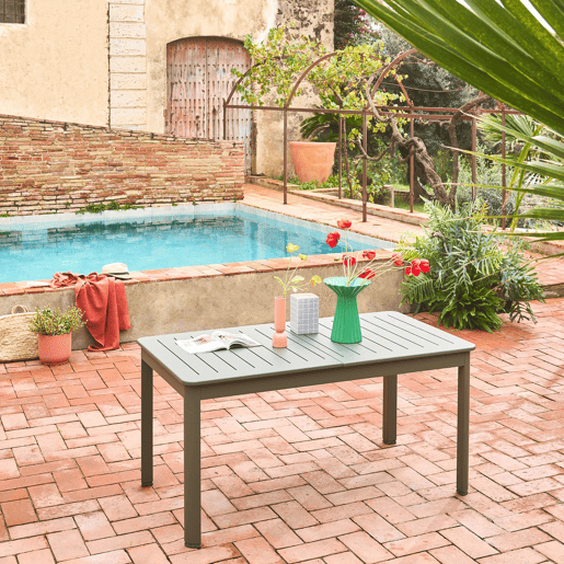 Mesa de jardim extensível em alumínio, 6 lugares, Seattle, Verde caqui, 218.5x89x75 cm