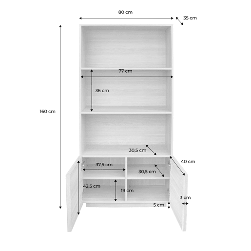 Estantes de biblioteca efeito madeira 2 portas 5 níveis, Kuba, Natural, 80x35x160 cm