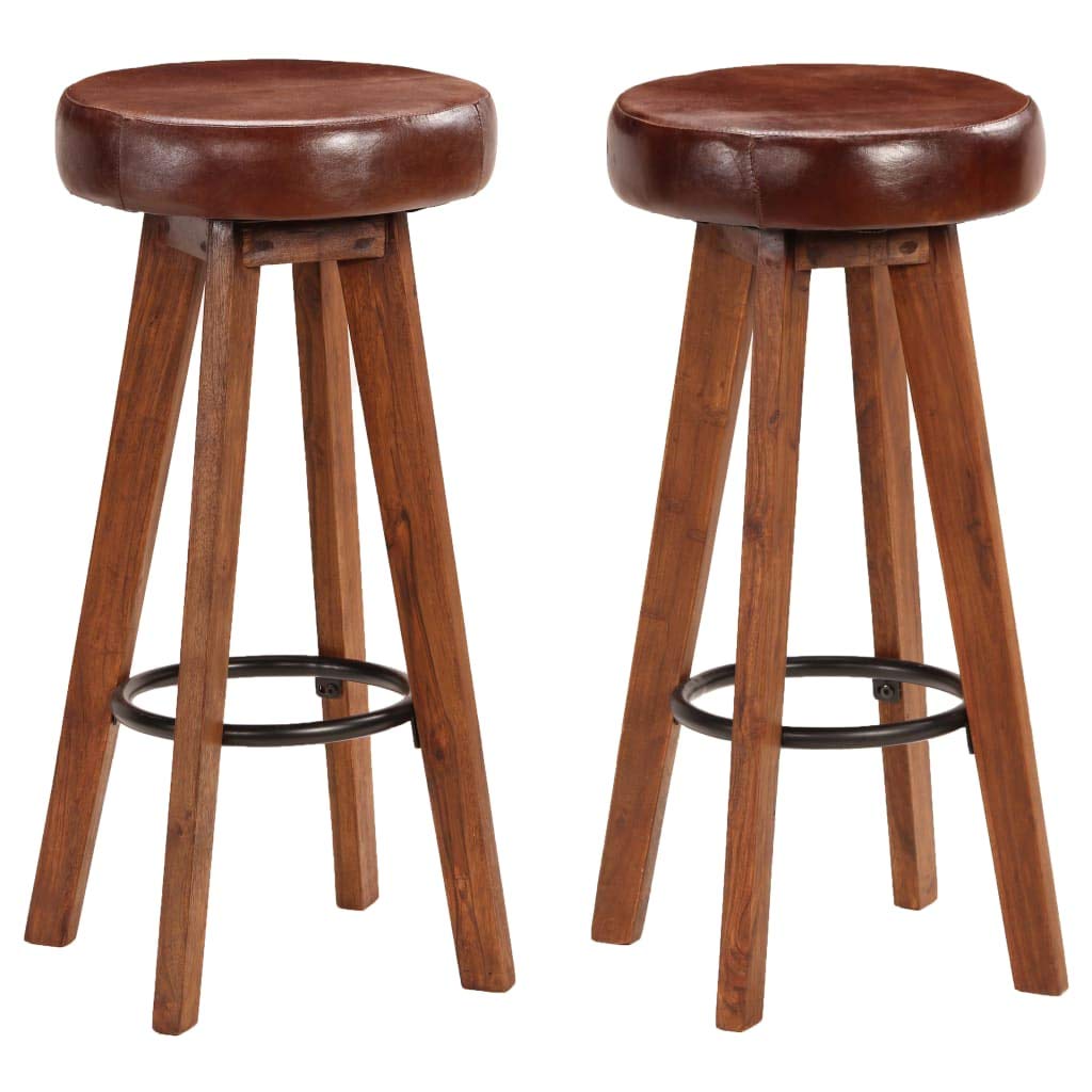 Juego de dos taburetes de bar de diseño, asiento de madera de acacia, cuero auténtico 1202112