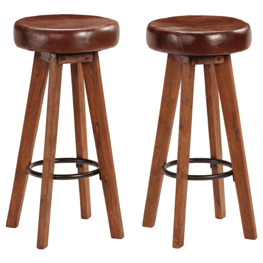 Conjunto de dois bancos de bar de design cadeira assento madeira de acácia couro genuíno 1202112