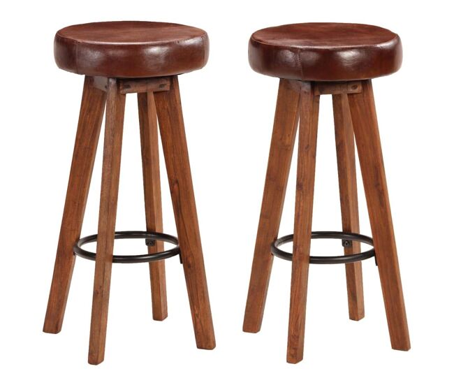 Juego de dos taburetes de bar de diseño, asiento de madera de acacia, cuero auténtico 1202112