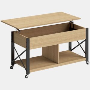 HOMCOM Mesa de Centro Elevatória com Rodas Mesa de Sala com Compartimento Oculto Prateleiras Abertas Mesa de Café para Sala de Jantar Escritório 105x50x67 cm Madeira e Branco