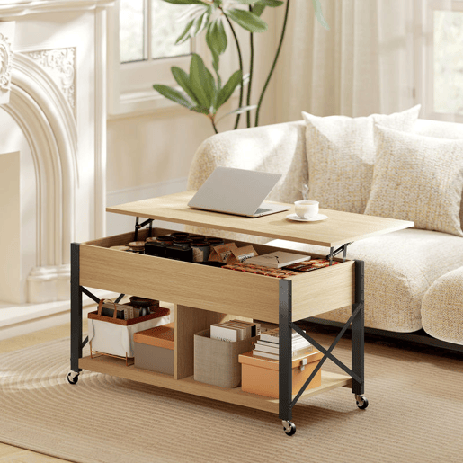 HOMCOM Mesa de Centro Elevatória com Rodas Mesa de Sala com Compartimento Oculto Prateleiras Abertas Mesa de Café para Sala de Jantar Escritório 105x50x67 cm Madeira e Branco