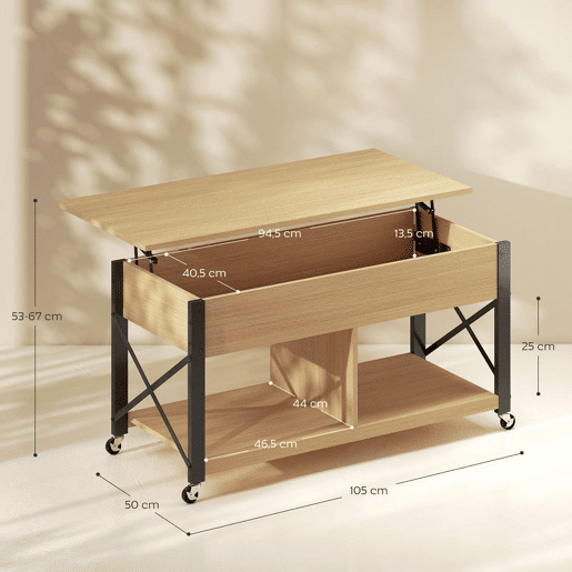 HOMCOM Mesa de Centro Elevatória com Rodas Mesa de Sala com Compartimento Oculto Prateleiras Abertas Mesa de Café para Sala de Jantar Escritório 105x50x67 cm Madeira e Branco